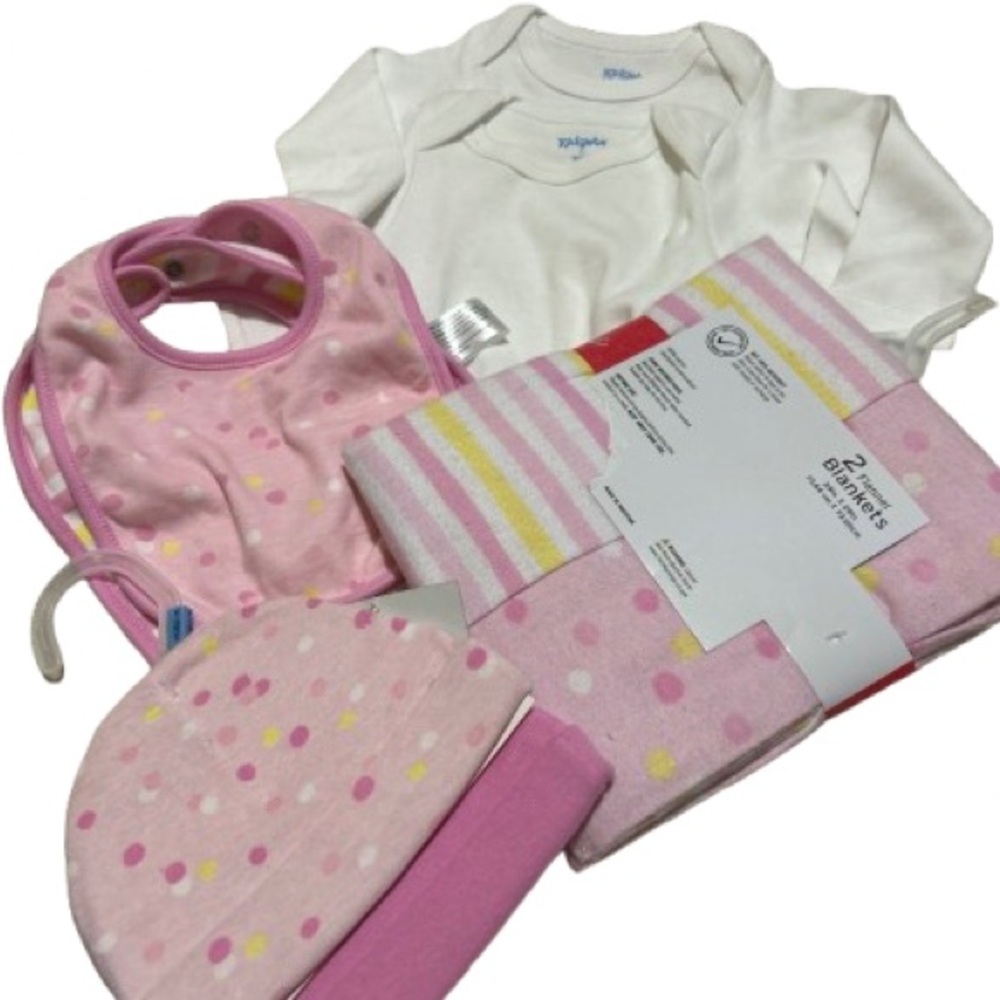 Charming 2 white onesies long sleeve 2 Pink Baby Bibs 2 hats and 2 Blanket Set
